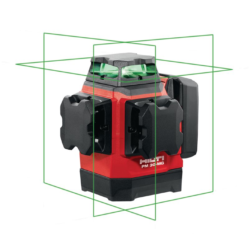 Mitme joonega laserlood PM 30-MG Kompaktne mitme joonega laser – 3x360° iseloodivat rohelist joont kiiremaks loodimiseks, joondamiseks ning täisnurkade märkimiseks (12 V akuplatvorm)