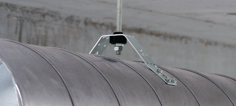 Ventilatsiooni tugi MVA-S Tsingitud ventilatsioonikanali riputid heliisolatsiooniga ümarate ventilatsioonikanalite kinnitamiseks. Rakendused 1