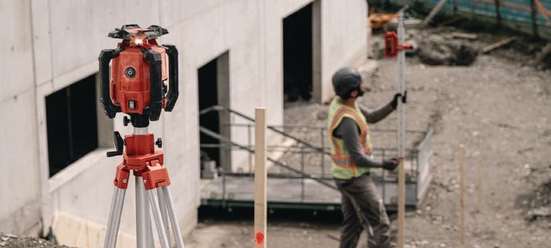 PR 400-22 kahekordse kaldega pöördlaserlood Tugeva korpusega automaatfunktsioonidega pöördlaserlood pika vahemaaga nivelleerimiseks, joondamiseks, ruutudeks jagamiseks ja kahekordse kalde mõõdistamiseks (Nuroni akuplatvorm) Rakendused 1